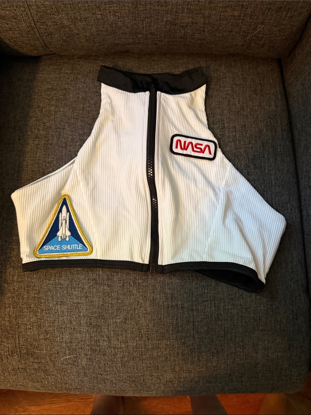 NASA Patch White Ribbed Zip Front Crop Top